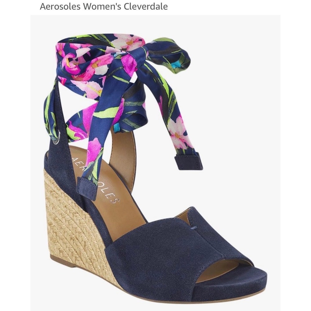 Aerosoles Cleverdale Wedge Sandals Womens 9 Navy Suede Floral Ribbon Espadrilles